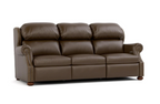 A three-seat brown leather reclining sofa with rolled arms, nailhead trim, and dark wooden legs, shown on a plain white background.