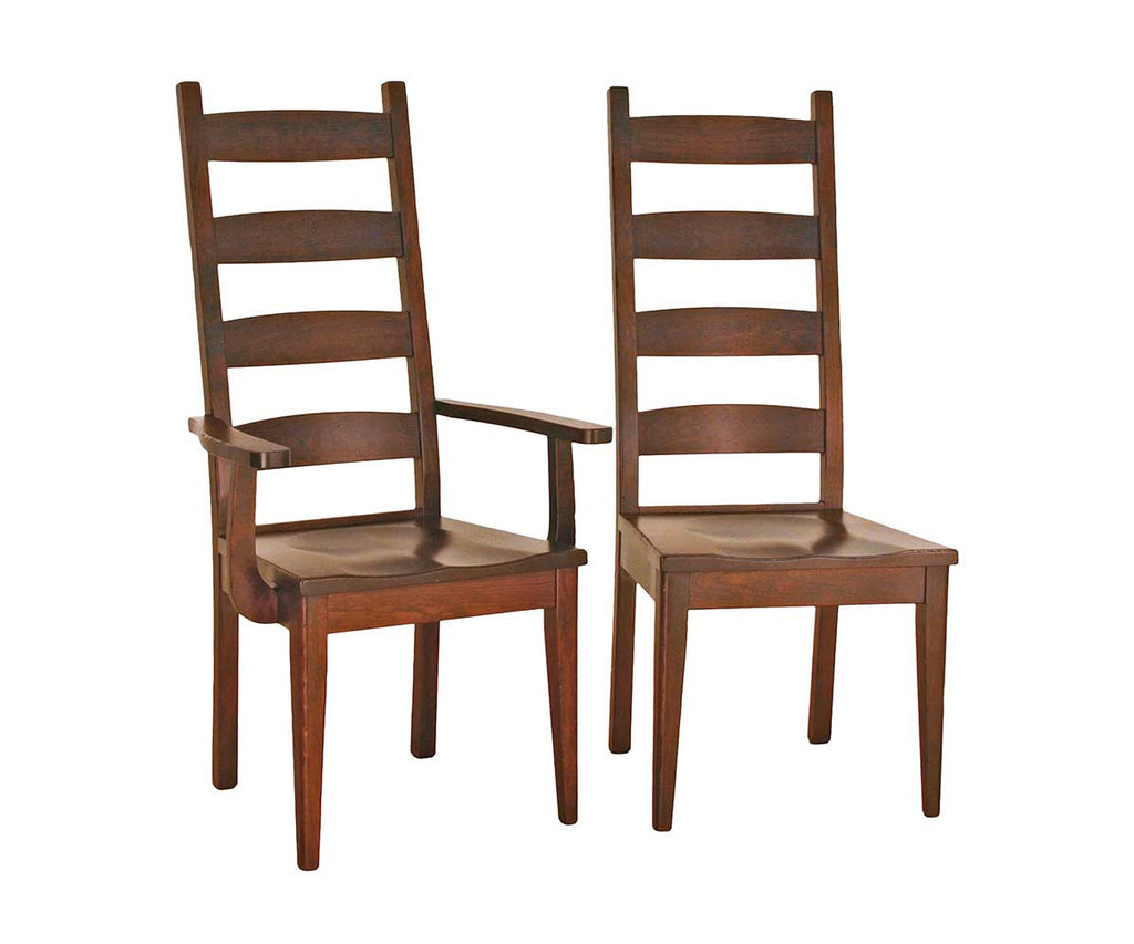 Two wooden chairs with ladder-back design on a white background