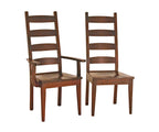Two wooden chairs with ladder-back design on a white background