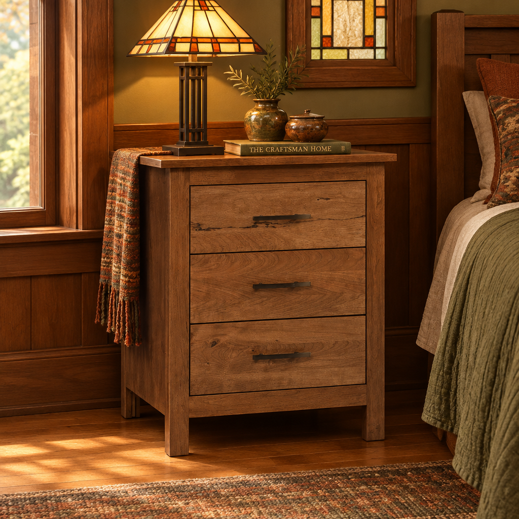 Williamsport 3-Drawer Nightstand lifestyle image in an Arts & Crafts bedroom