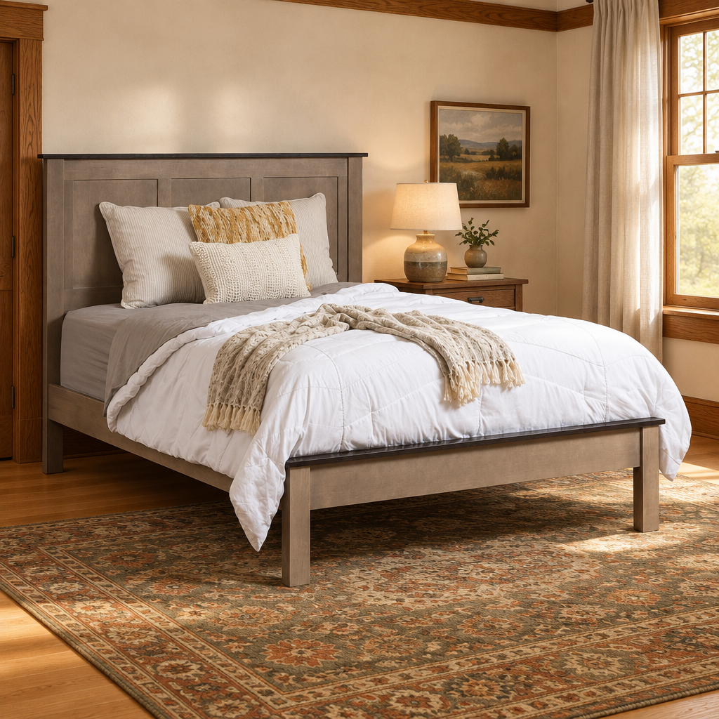 Williamsport queen panel bed in a warm Craftsman bedroom