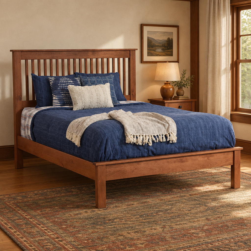 Williamsport slat bed in a warm Craftsman bedroom