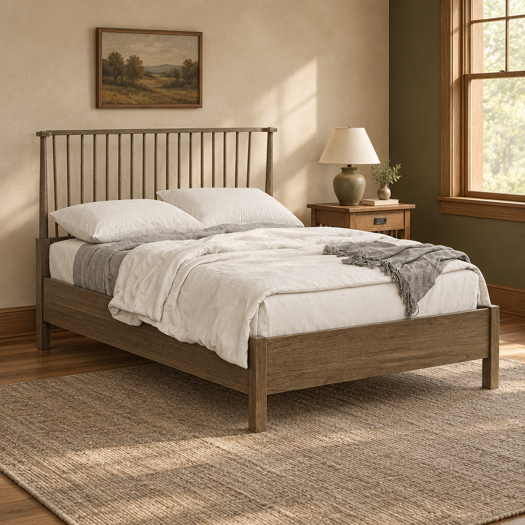 Windsor bed in a warm Craftsman bedroom