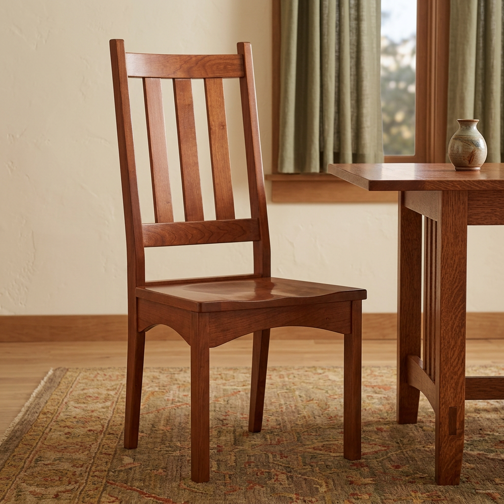 Wood dining chair in a warm Arts and Crafts dining room