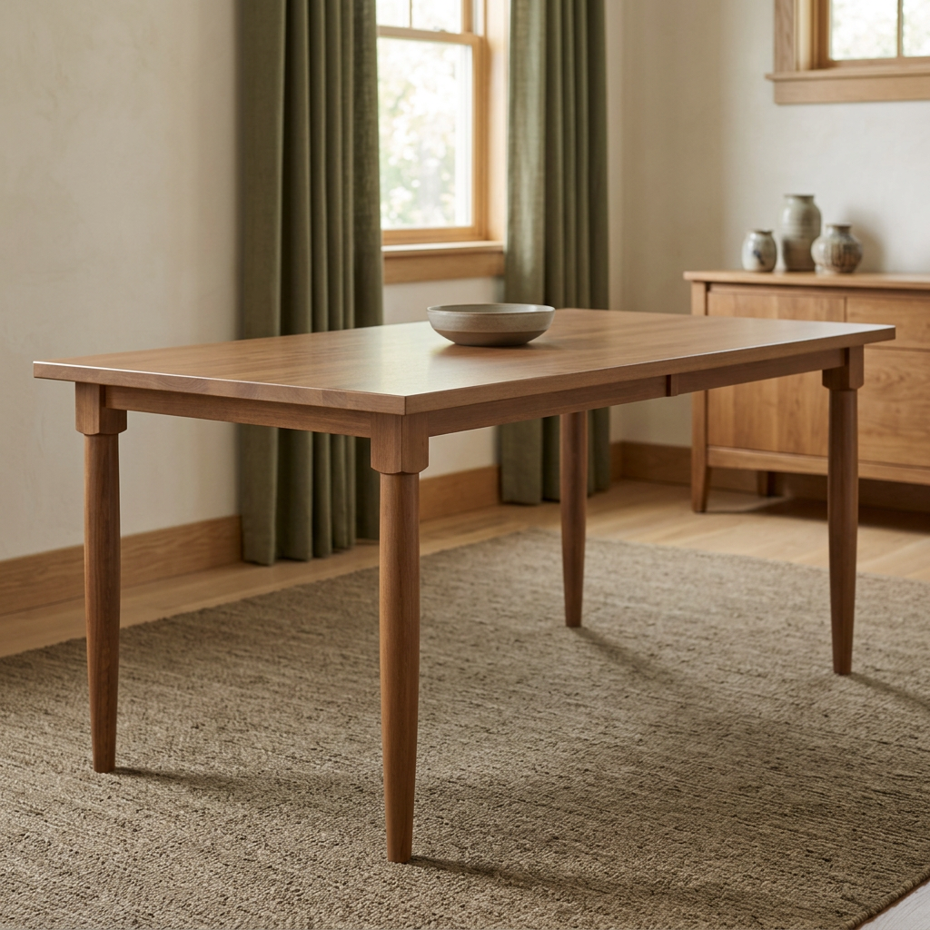 Wood dining table in a warm upscale dining room