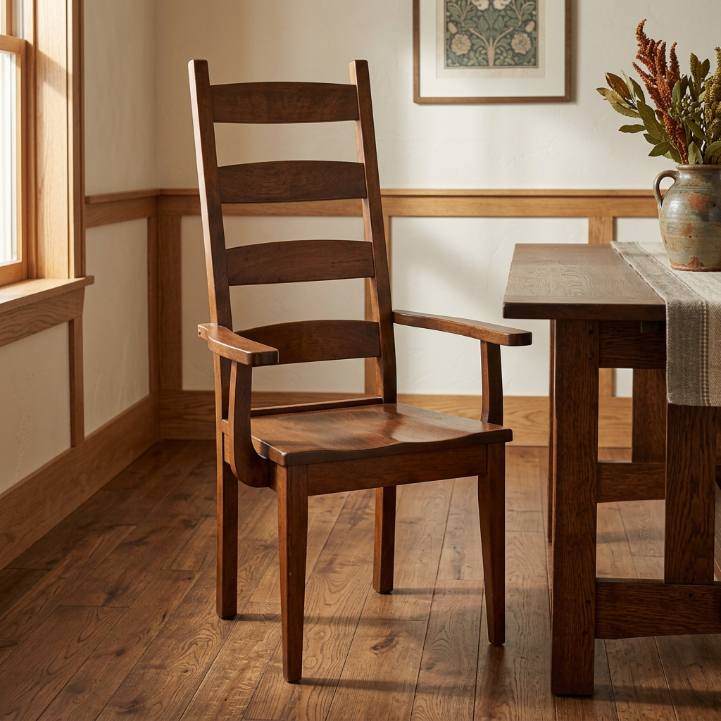 Wood ladder-back armchair in a warm Arts and Crafts dining room