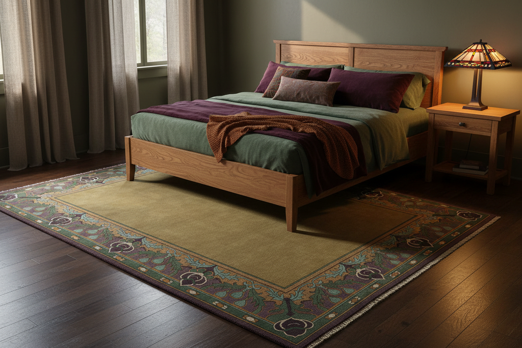 Wyndham Border Rug Moody Arts and Crafts Bedroom Lifestyle